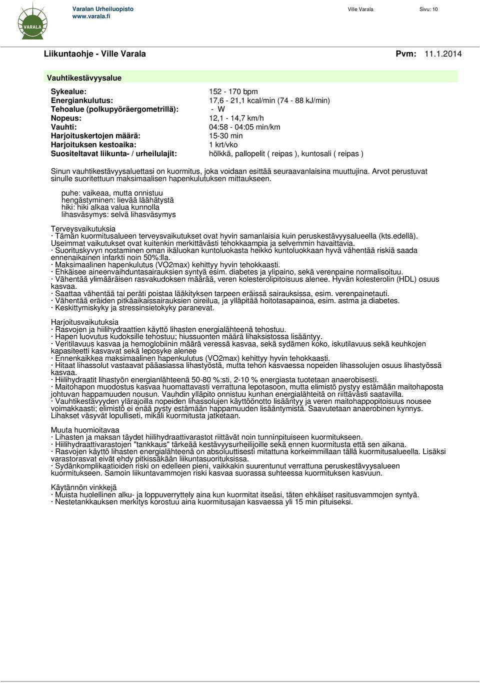 .1.2014 Vauhtikestävyysalue Sykealue: 152-170 bpm Energiankulutus: 17,6-21,1 kcal/min (74-88 kj/min) Tehoalue (polkupyöräergometrillä): - W Nopeus: 12,1-14,7 km/h Vauhti: 04:58-04:05 min/km