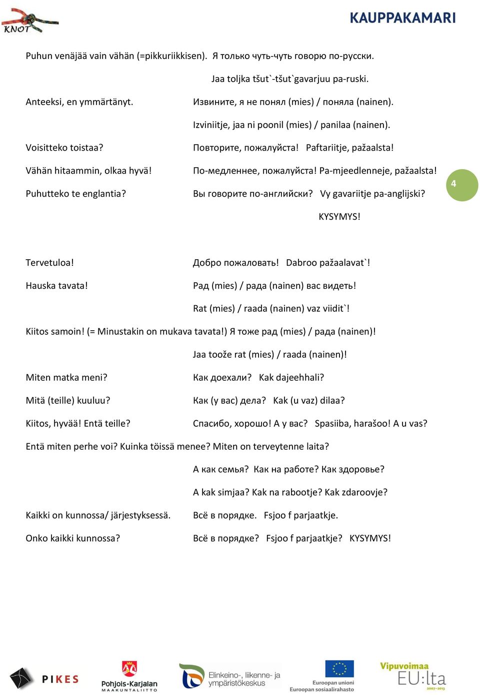 Pa-mjeedlenneje, pažaalsta! Вы говорите по-английски? Vy gavariitje pa-anglijski? KYSYMYS! 4 Tervetuloa! Hauska tavata! Добро пожаловать! Dabroo pažaalavat`! Рад (mies) / рада (nainen) вас видеть!