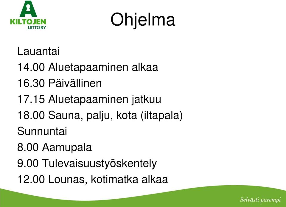 00 Sauna, palju, kota (iltapala) Sunnuntai 8.