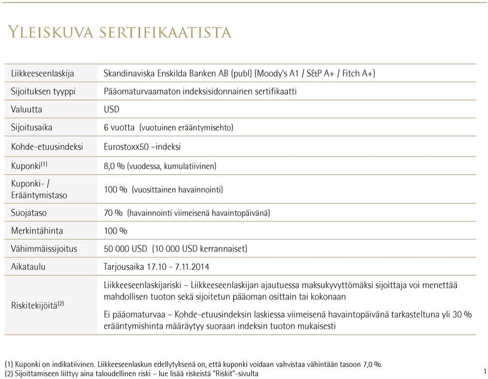 (vuosittainen havainnointi) 70 % (havainnointi viimeisenä havaintopäivänä) 50 000 USD (10 000 USD kerrannaiset) Aikataulu Tarjousaika 17.10-7.11.