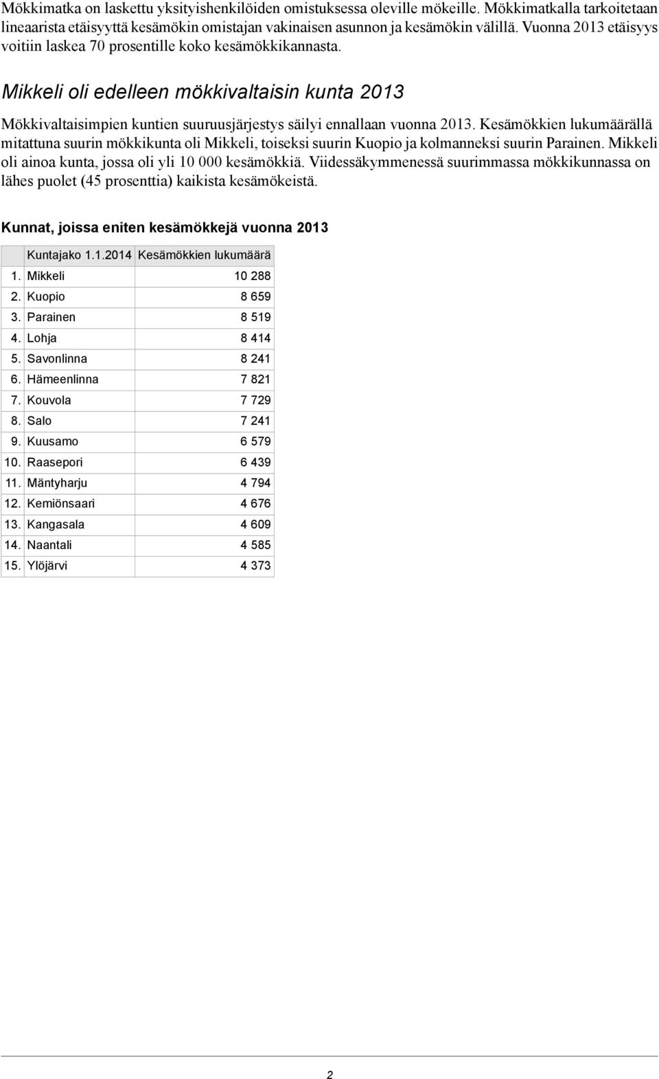 Kesämökkien lukumäärällä mitattuna suurin mökkikunta oli Mikkeli, toiseksi suurin Kuopio ja kolmanneksi suurin Parainen. Mikkeli oli ainoa kunta, jossa oli yli 10 000 kesämökkiä.