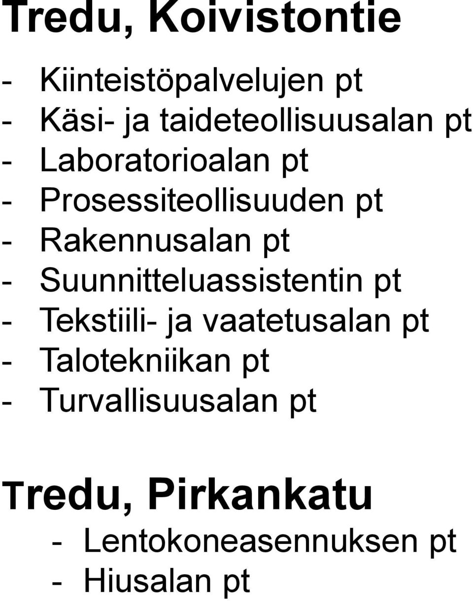 Rakennusalan pt - Suunnitteluassistentin pt - Tekstiili- ja vaatetusalan pt