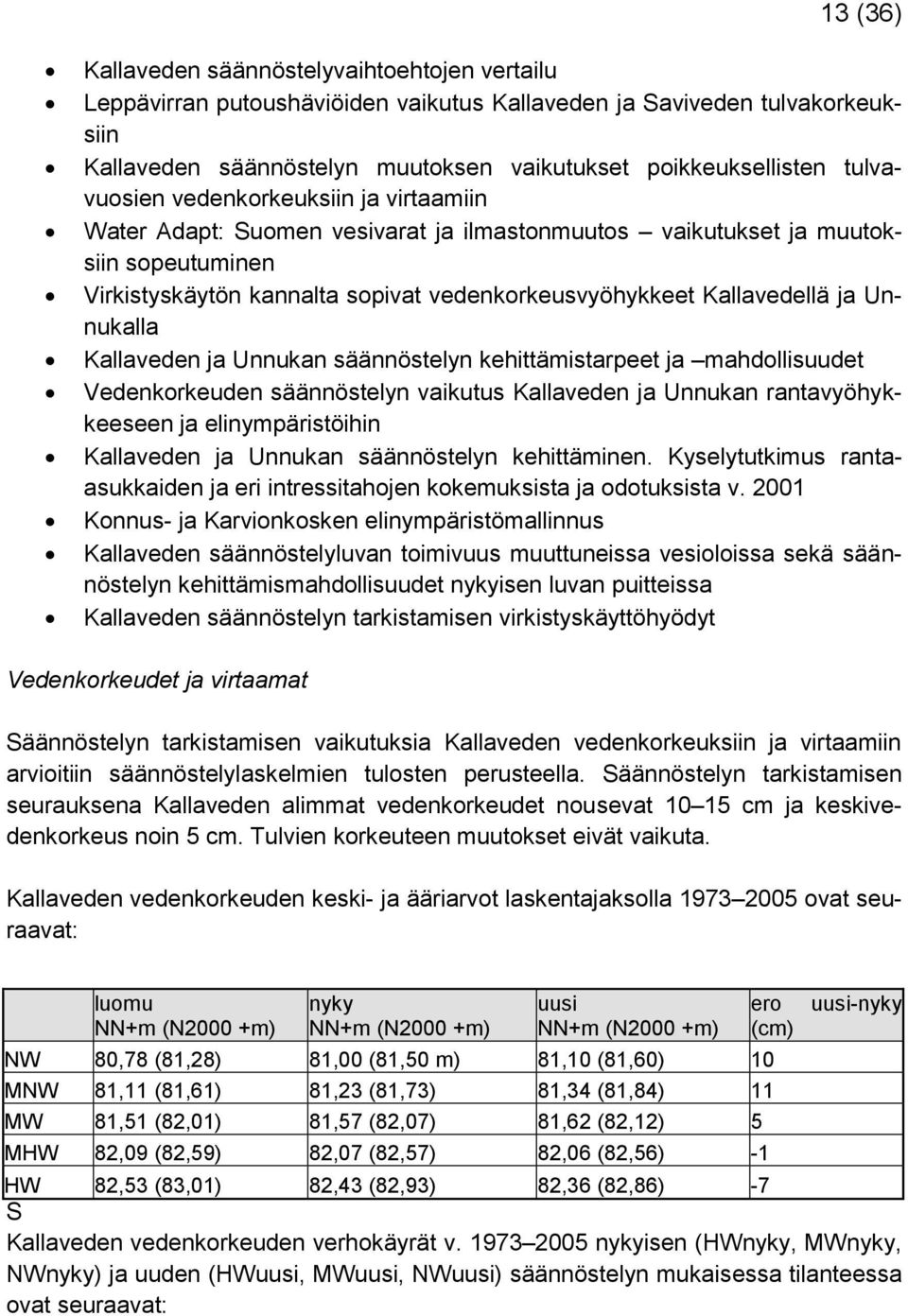 ja Unnukalla Kallaveden ja Unnukan säännöstelyn kehittämistarpeet ja mahdollisuudet Vedenkorkeuden säännöstelyn vaikutus Kallaveden ja Unnukan rantavyöhykkeeseen ja elinympäristöihin Kallaveden ja