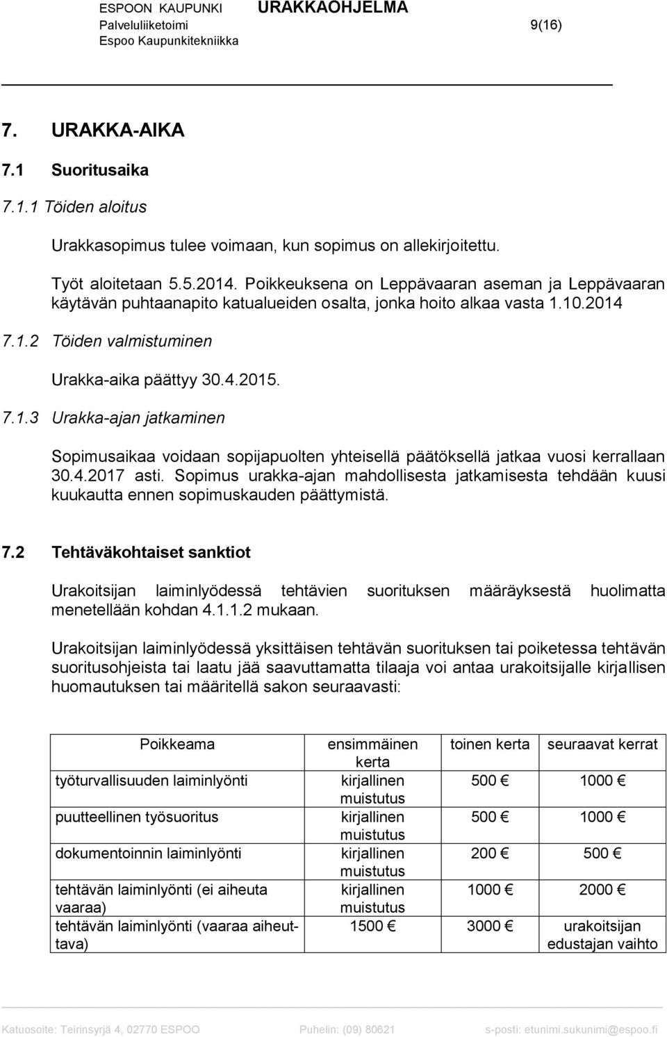 10.2014 7.1.2 Töiden valmistuminen Urakka-aika päättyy 30.4.2015. 7.1.3 Urakka-ajan jatkaminen Sopimusaikaa voidaan sopijapuolten yhteisellä päätöksellä jatkaa vuosi kerrallaan 30.4.2017 asti.