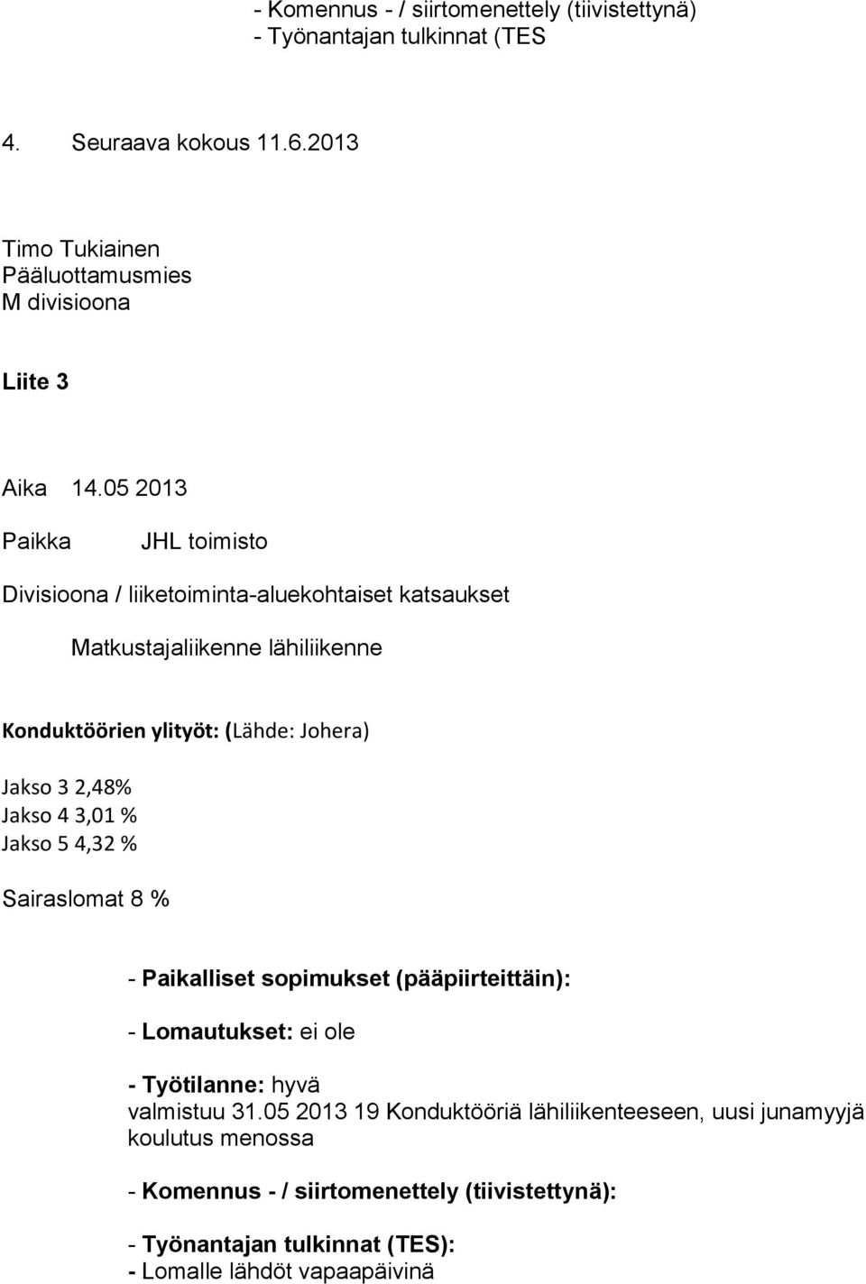 05 2013 Paikka JHL toimisto Divisioona / liiketoiminta-aluekohtaiset katsaukset Matkustajaliikenne lähiliikenne Konduktöörien ylityöt: (Lähde: Johera) Jakso 3 2,48%