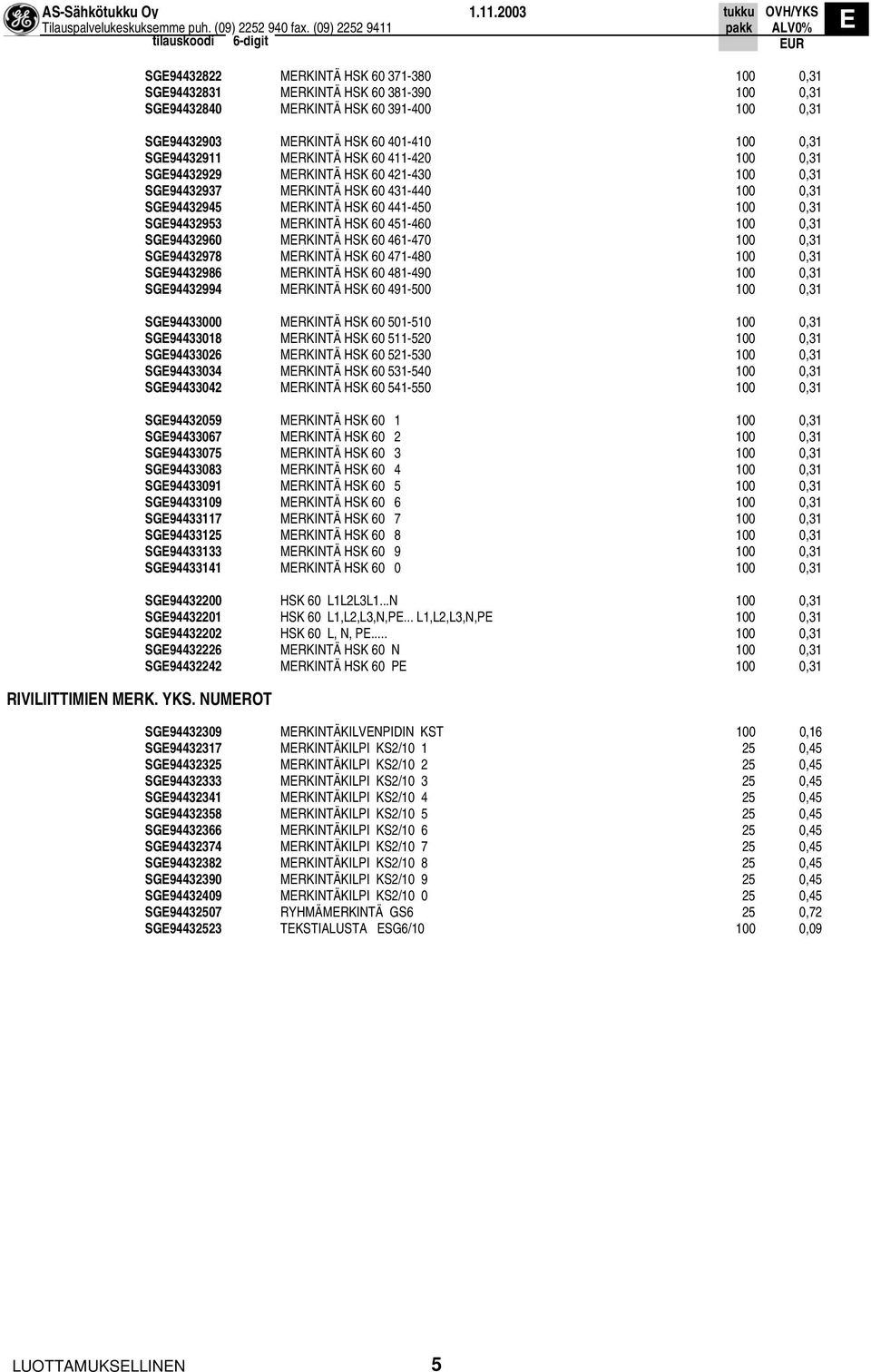 HSK 60 411-420 100 0,31 SG94432929 MRKINTÄ HSK 60 421-430 100 0,31 SG94432937 MRKINTÄ HSK 60 431-440 100 0,31 SG94432945 MRKINTÄ HSK 60 441-450 100 0,31 SG94432953 MRKINTÄ HSK 60 451-460 100 0,31