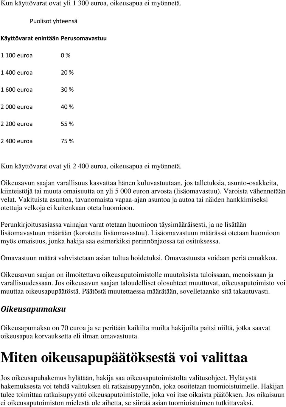 oikeusapua ei myönnetä. Oikeusavun saajan varallisuus kasvattaa hänen kuluvastuutaan, jos talletuksia, asunto-osakkeita, kiinteistöjä tai muuta omaisuutta on yli 5 000 euron arvosta (lisäomavastuu).