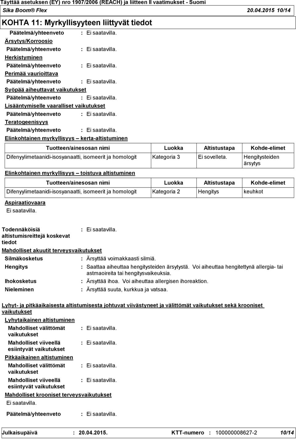 Elinkohtainen myrkyllisyys kerta-altistuminen Elinkohtainen myrkyllisyys toistuva altistuminen Aspiraatiovaara Tuotteen/ainesosan nimi Tuotteen/ainesosan nimi Luokka Luokka Altistustapa Kohde-elimet