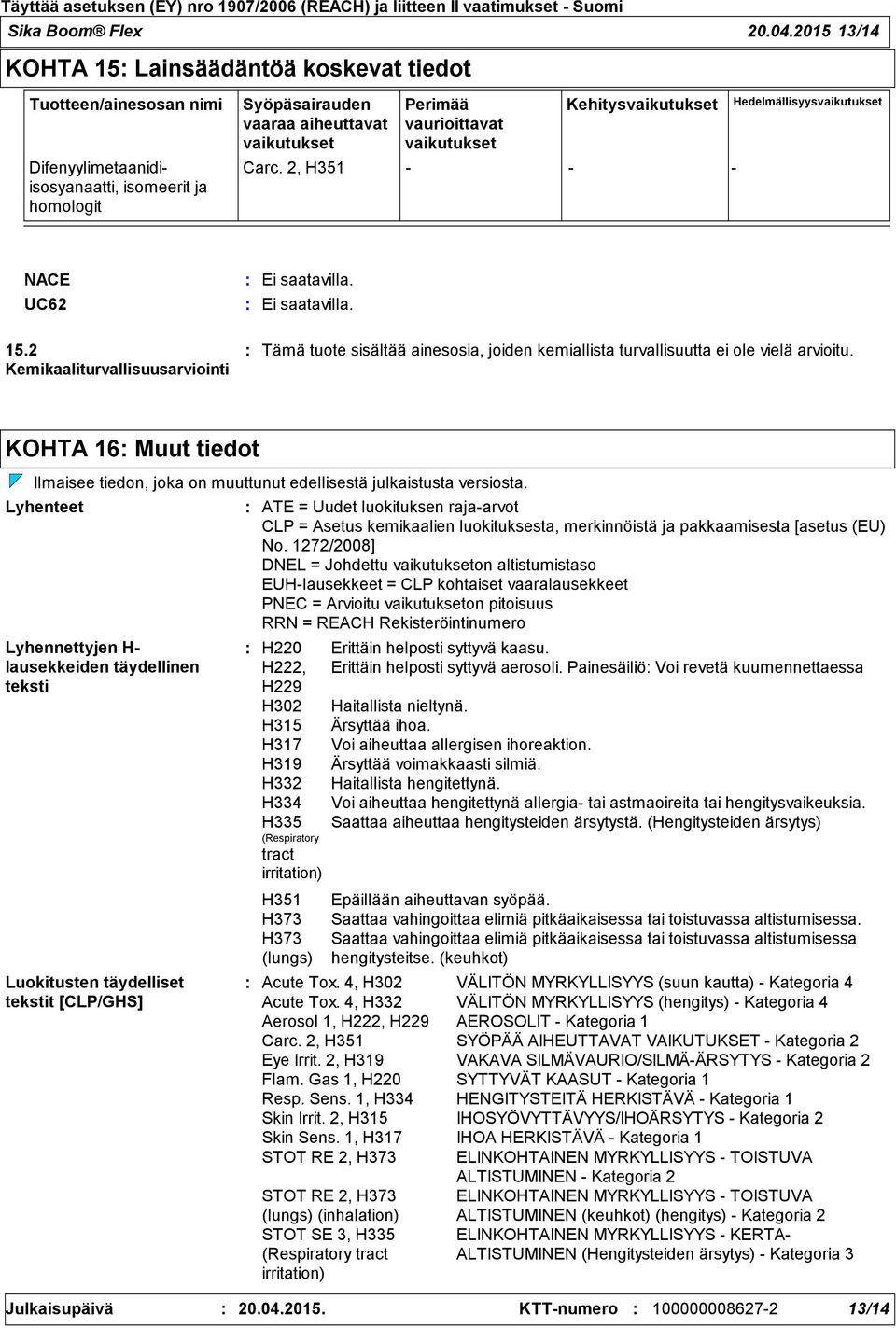 vaikutukset Kehitysvaikutukset Carc. 2, H351 - - - Hedelmällisyysvaikutukset NACE UC62 15.