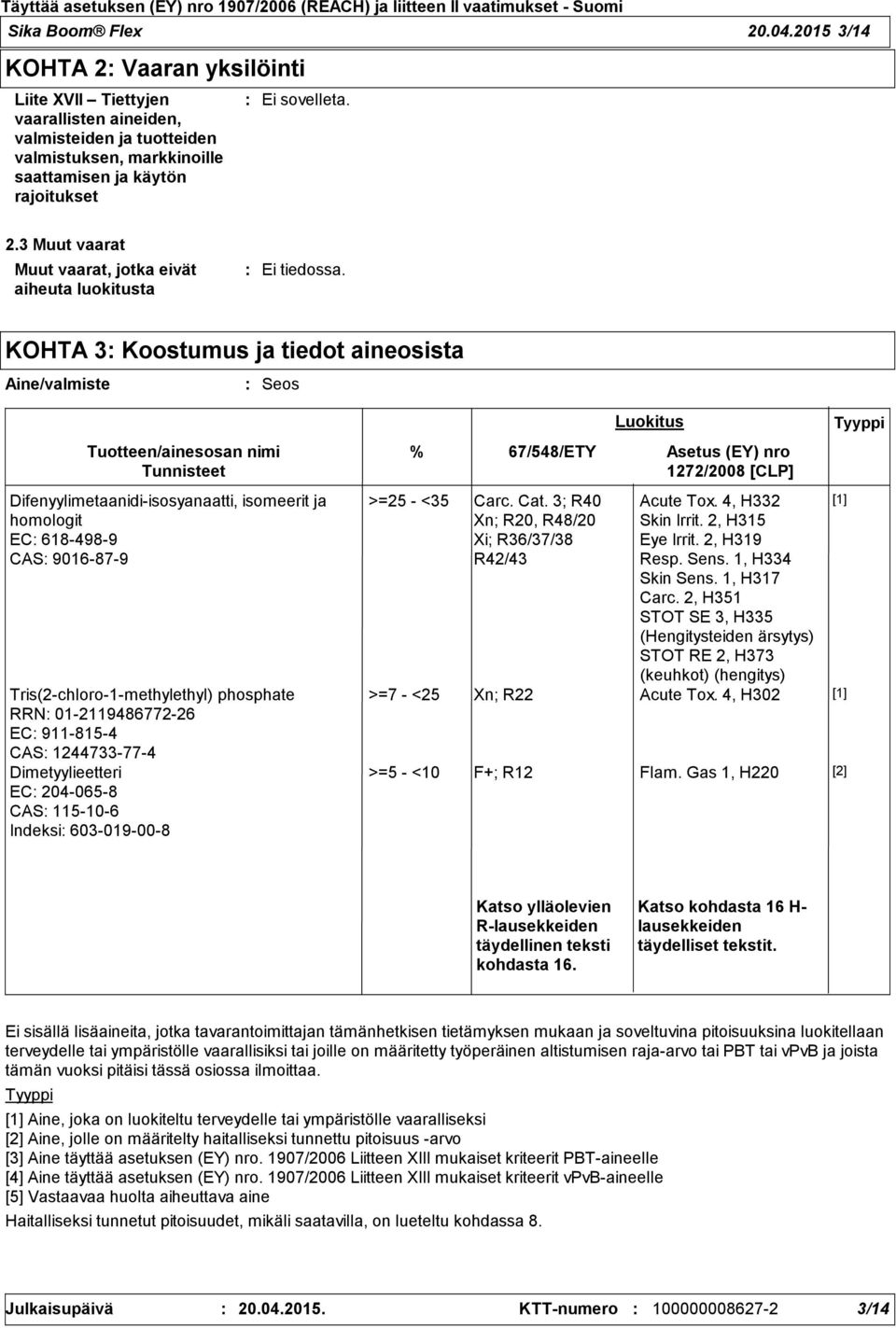 KOHTA 3 Koostumus ja tiedot aineosista Aine/valmiste Seos Tuotteen/ainesosan nimi Tunnisteet Difenyylimetaanidi-isosyanaatti, isomeerit ja homologit EC 618-498-9 CAS 9016-87-9