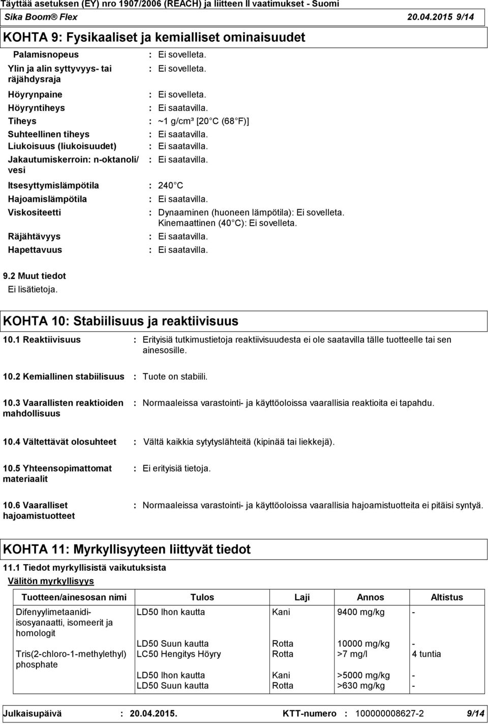 Jakautumiskerroin n-oktanoli/ vesi Ei sovelleta. Ei sovelleta. Itsesyttymislämpötila 240 C Hajoamislämpötila Viskositeetti Räjähtävyys Hapettavuus Ei sovelleta.
