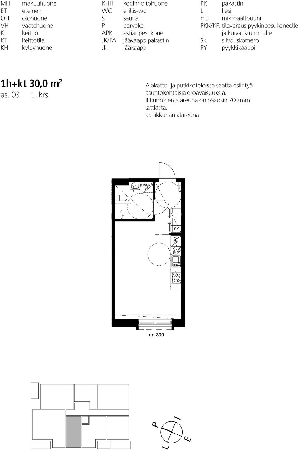 pyykinpesukoneelle ja kuivausrummulle SK siivouskomero Y pyykkikaappi 1h+kt 30,0 m 2 as. 03 1.