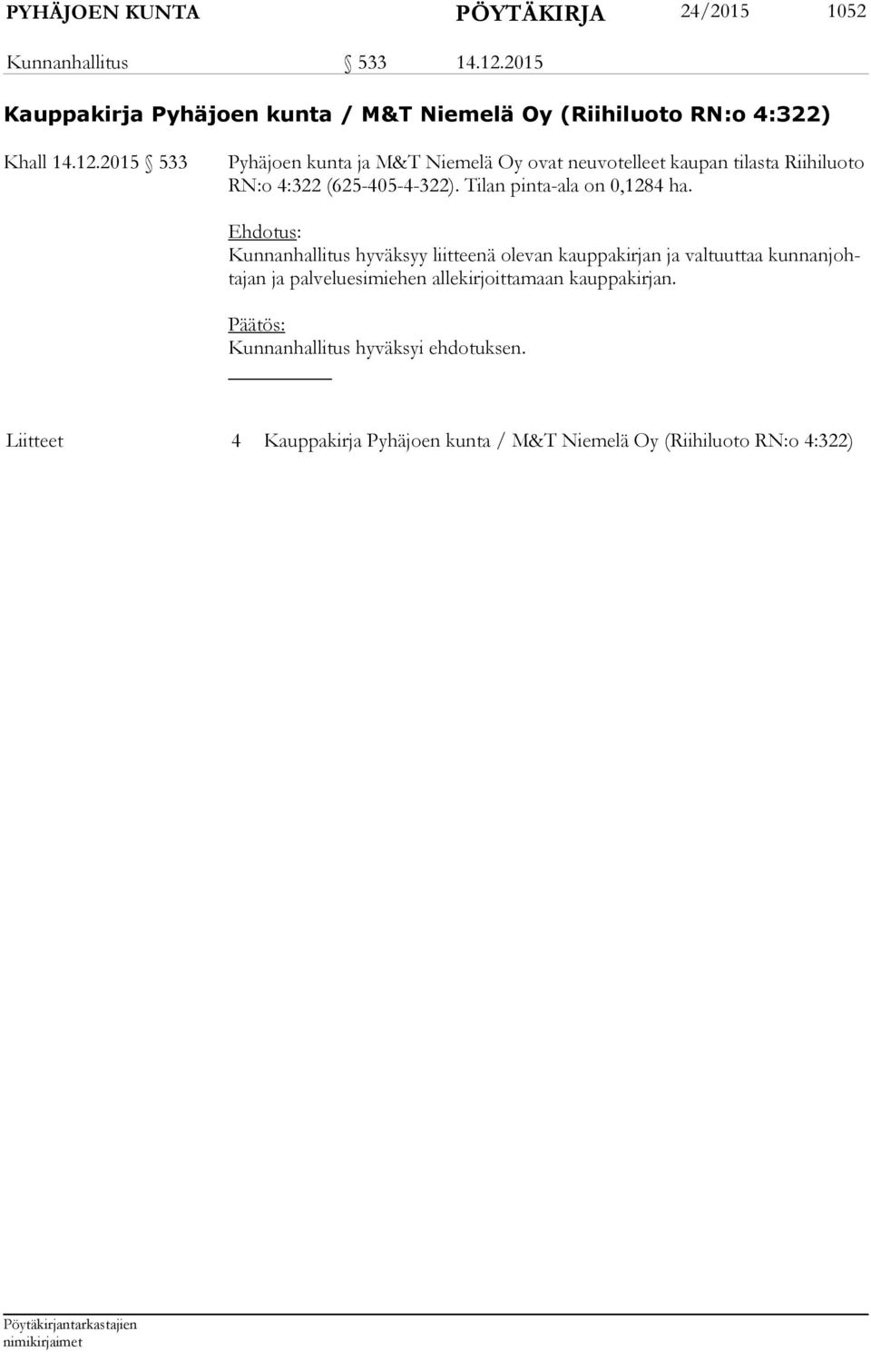 2015 533 Pyhäjoen kunta ja M&T Niemelä Oy ovat neuvotelleet kaupan tilasta Riihiluoto RN:o 4:322 (625-405-4-322).
