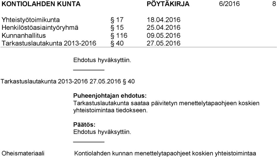 2016 Tarkastuslautakunta 2013-2016 40 27.05.