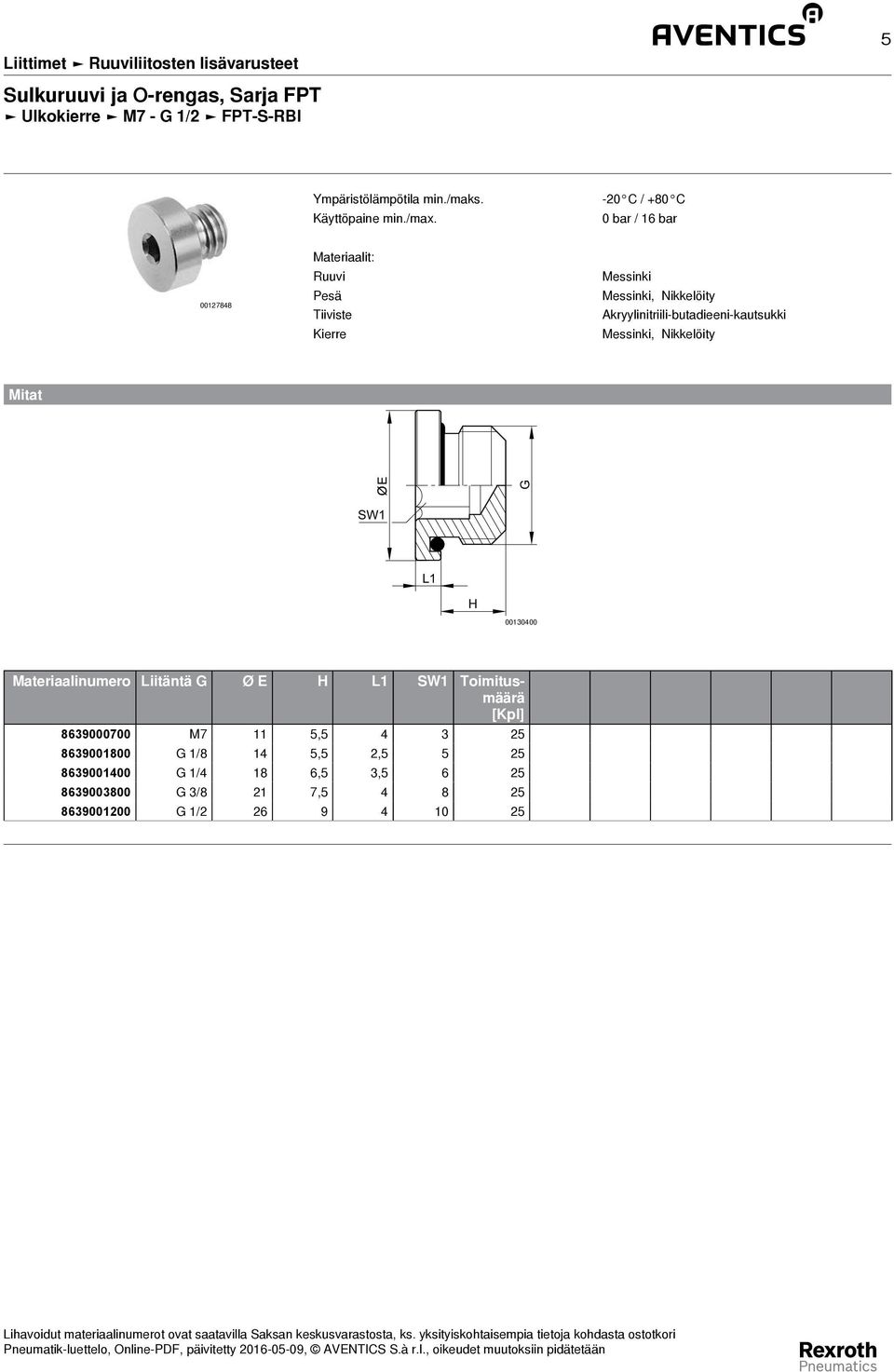 Materiaalinumero Liitäntä G Ø E H L1 SW1 Toimitusmäärä 8639000700 M7 11 5,5 4 3 25 8639001800 G 1/8