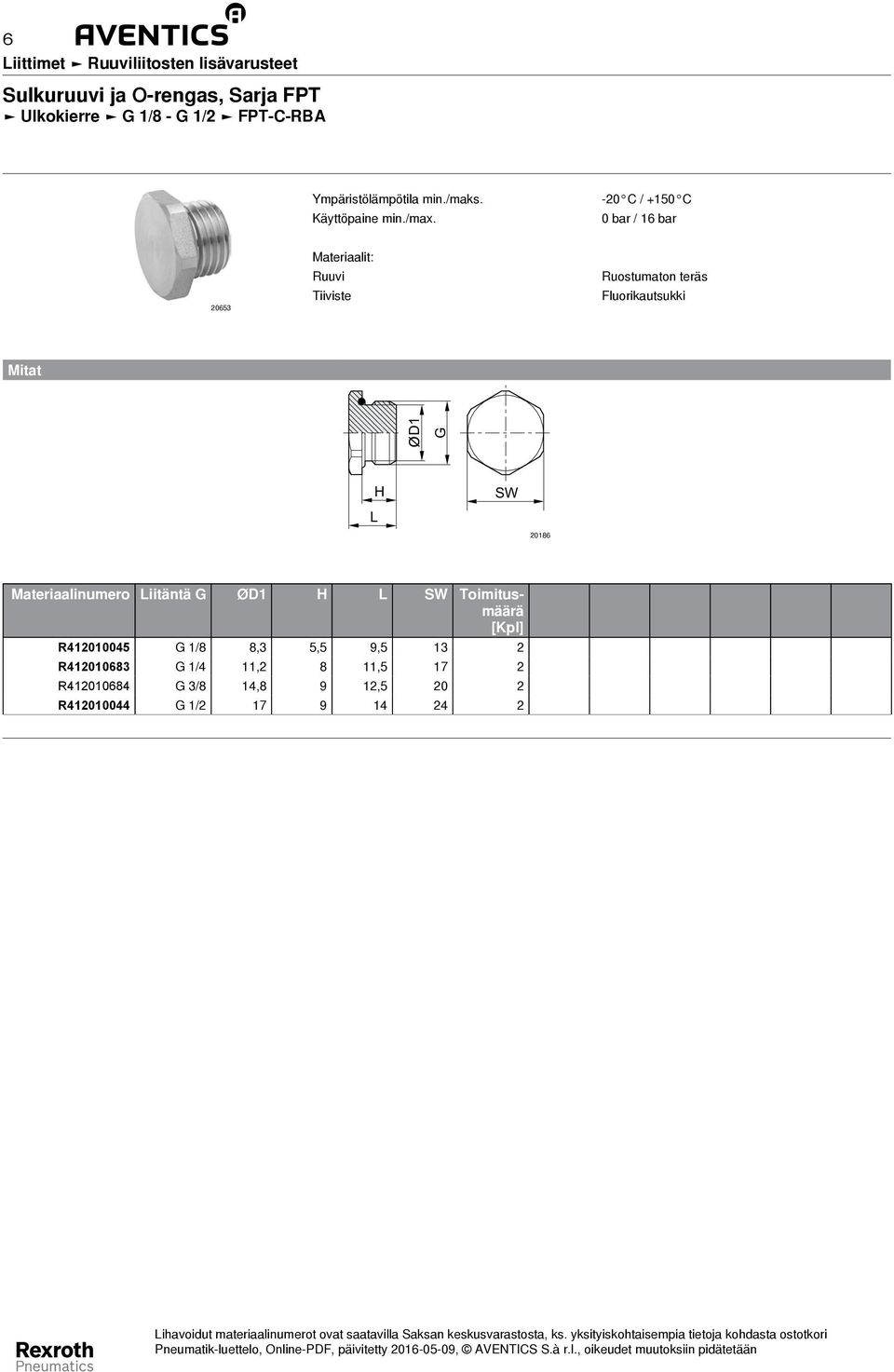 20186 Materiaalinumero Liitäntä G ØD1 H L SW Toimitusmäärä R412010045 G 1/8 8,3 5,5 9,5 13 2