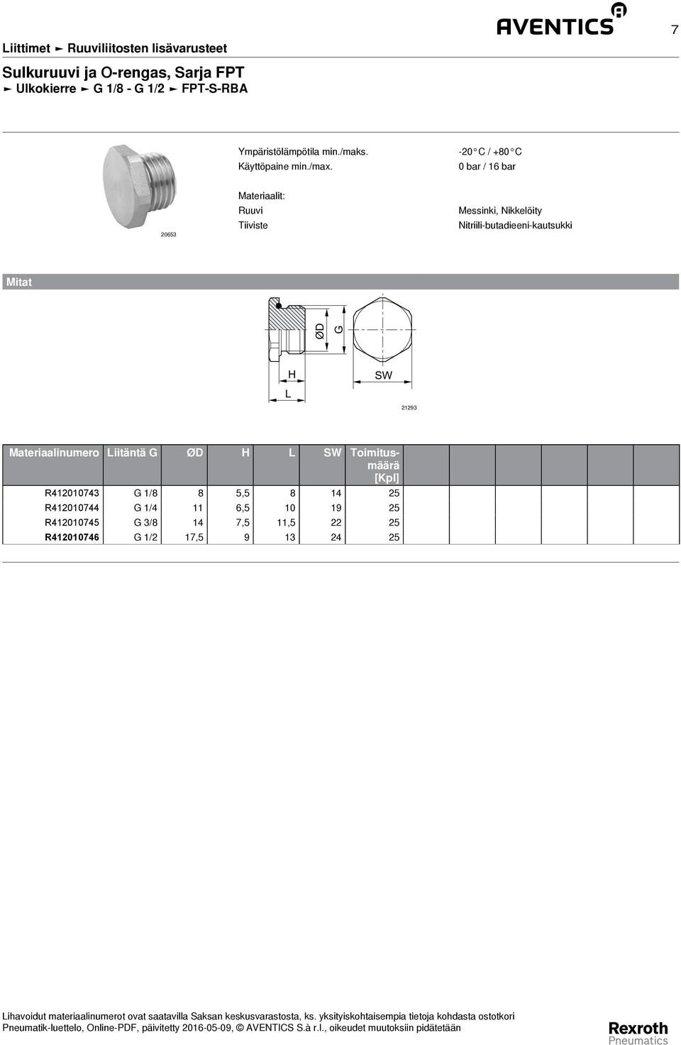 Materiaalinumero Liitäntä G ØD H L SW Toimitusmäärä R412010743 G 1/8 8 5,5 8 14 25