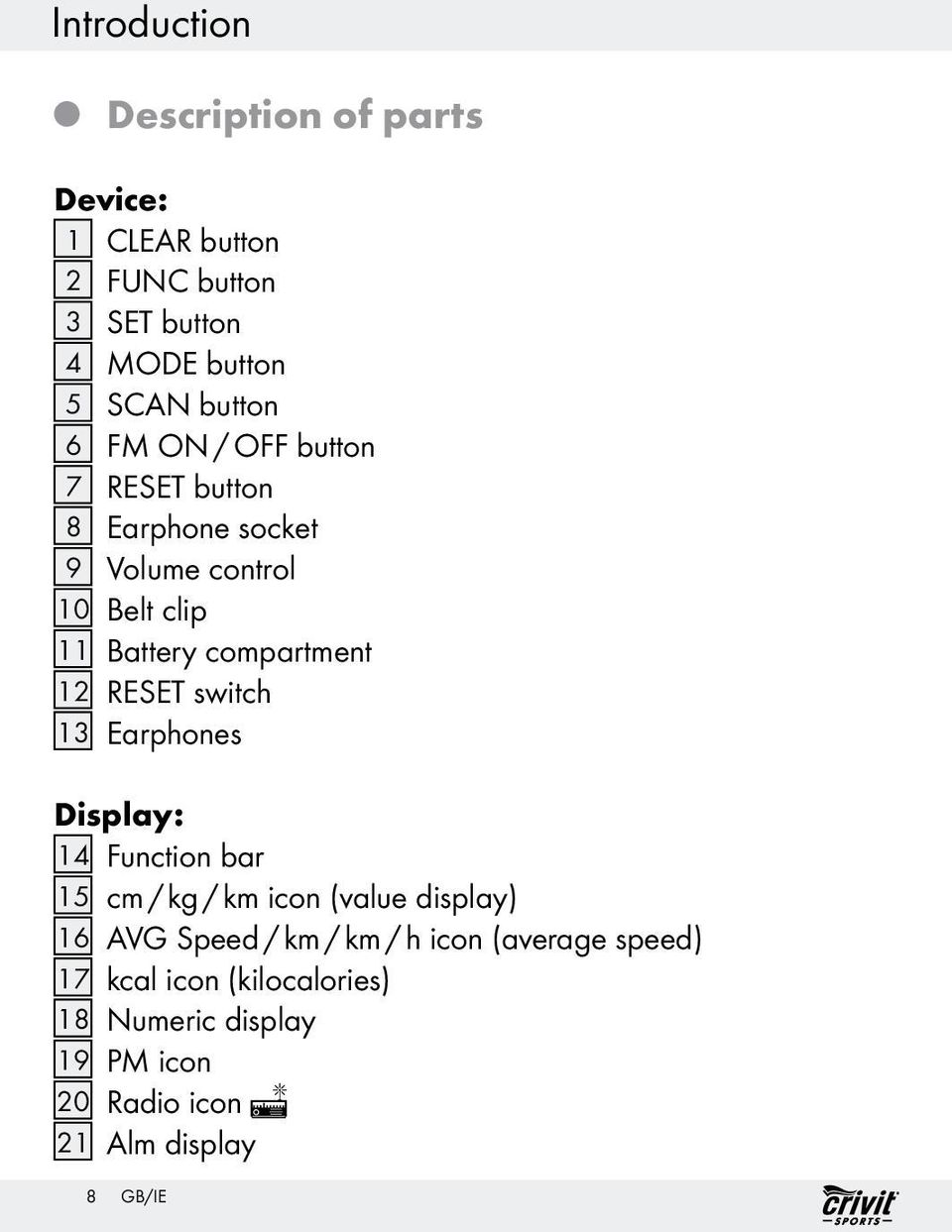 RESET switch 13 Earphones Display: 14 Function bar 15 cm / kg / km icon (value display) 16 AVG Speed / km / km /
