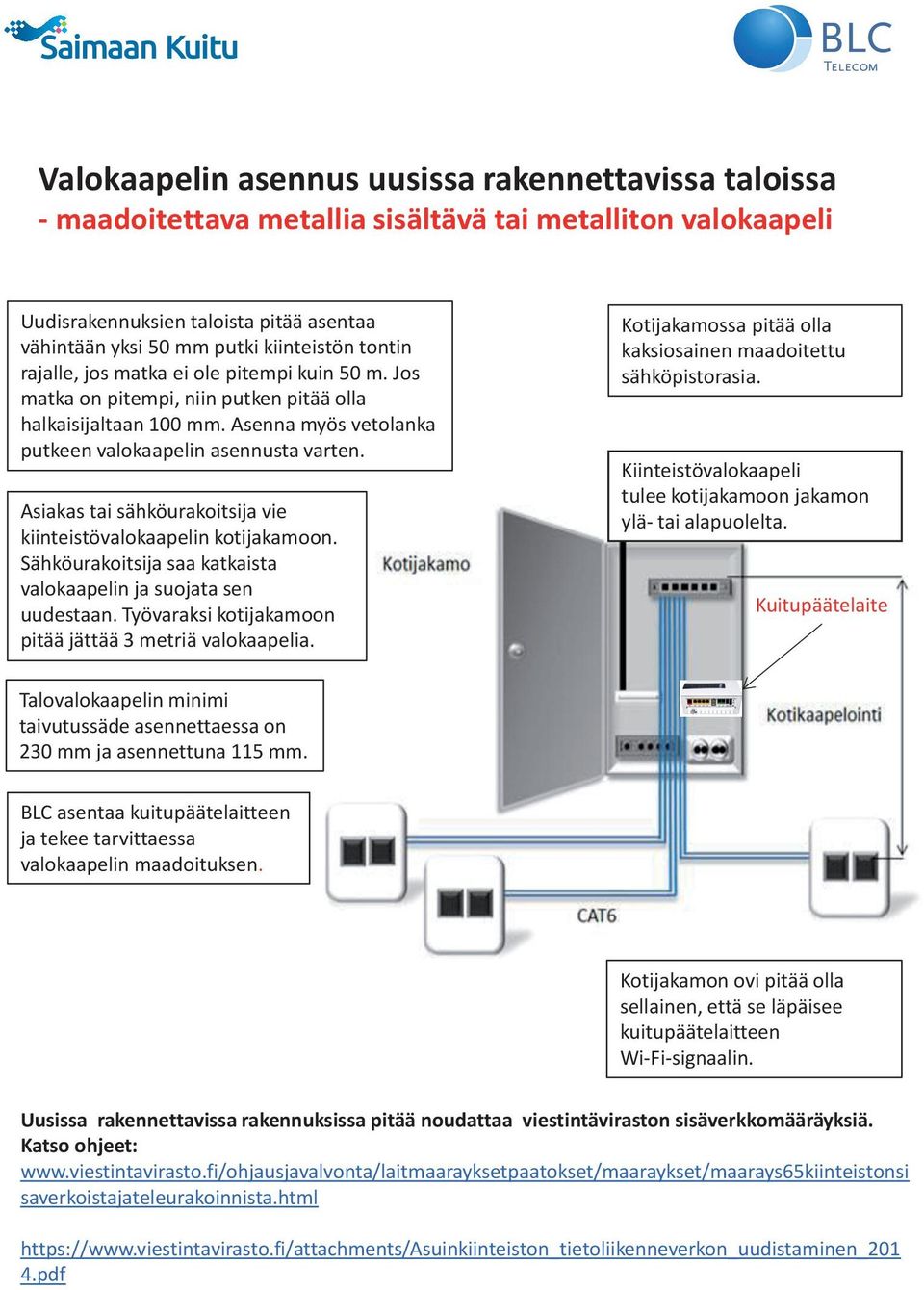 Asiakas tai sähköurakoitsija vie kiinteistövalokaapelin kotijakamoon. Sähköurakoitsija saa katkaista valokaapelin ja suojata sen uudestaan. Työvaraksi kotijakamoon pitää jättää 3 metriä valokaapelia.