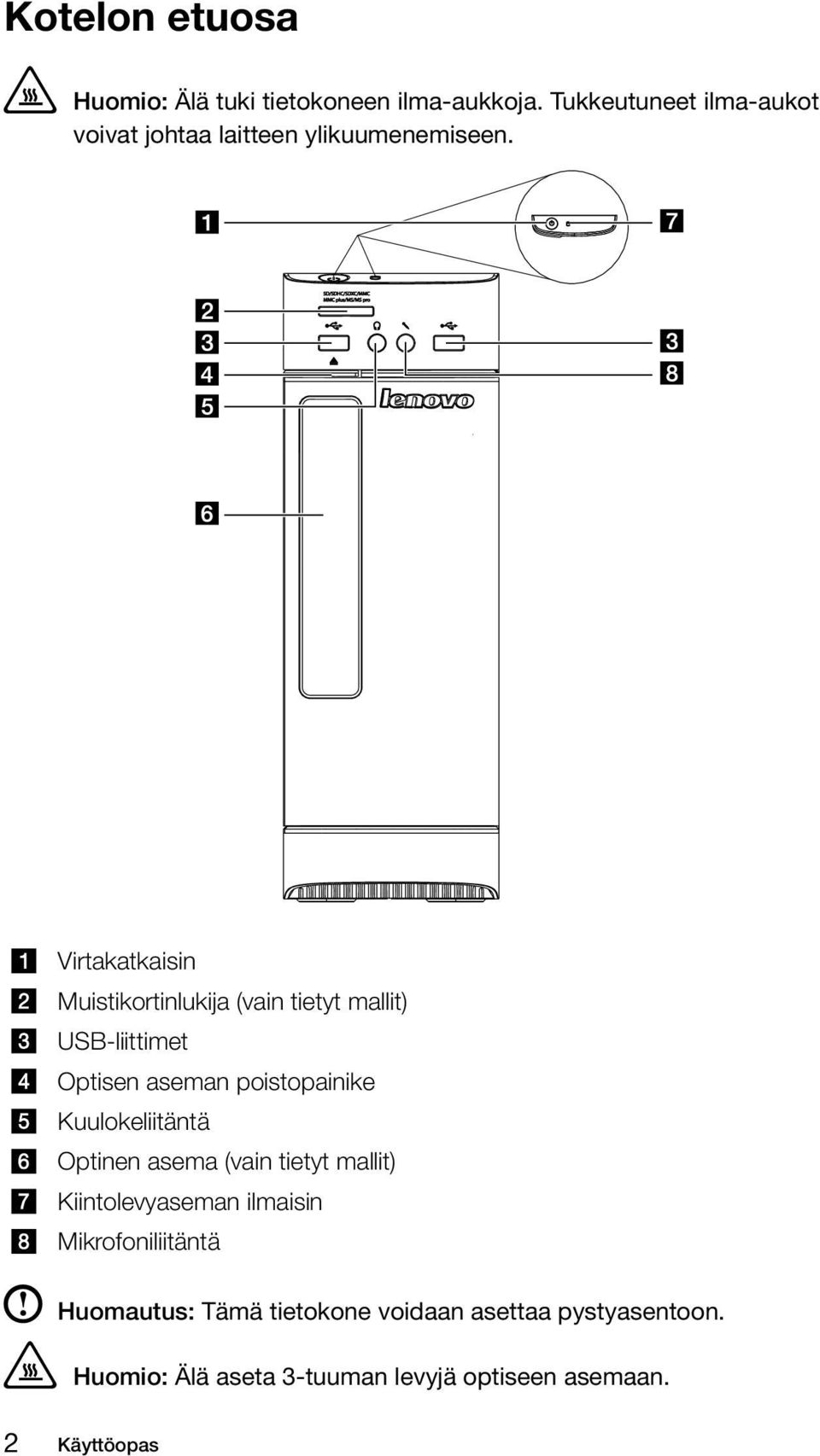 Virtakatkaisin Muistikortinlukija (vain tietyt mallit) USB-liittimet Optisen aseman poistopainike