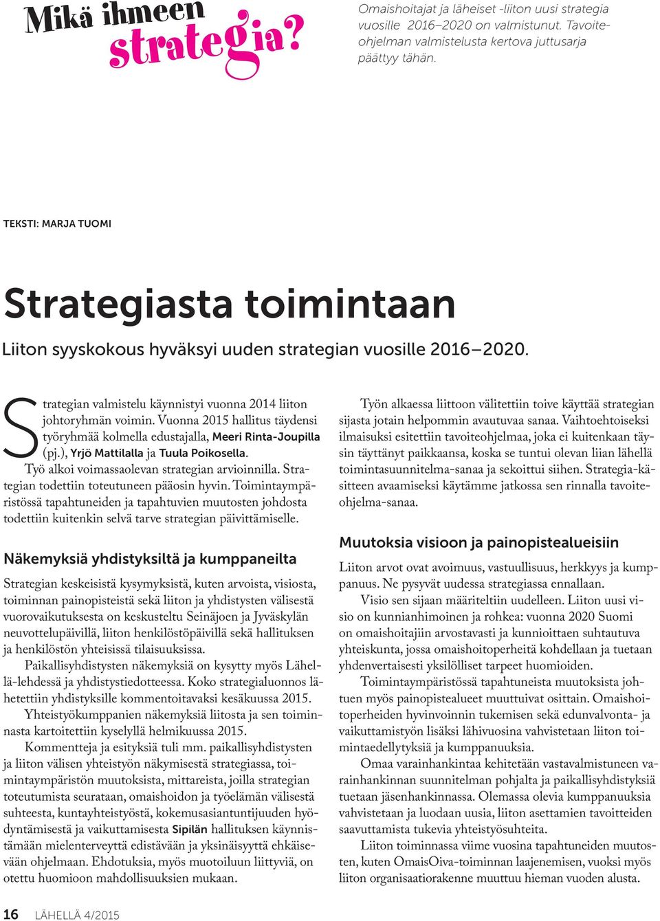 Vuonna 2015 hallitus täydensi työryhmää kolmella edustajalla, Meeri Rinta-Joupilla (pj.), Yrjö Mattilalla ja Tuula Poikosella. Työ alkoi voimassaolevan strategian arvioinnilla.