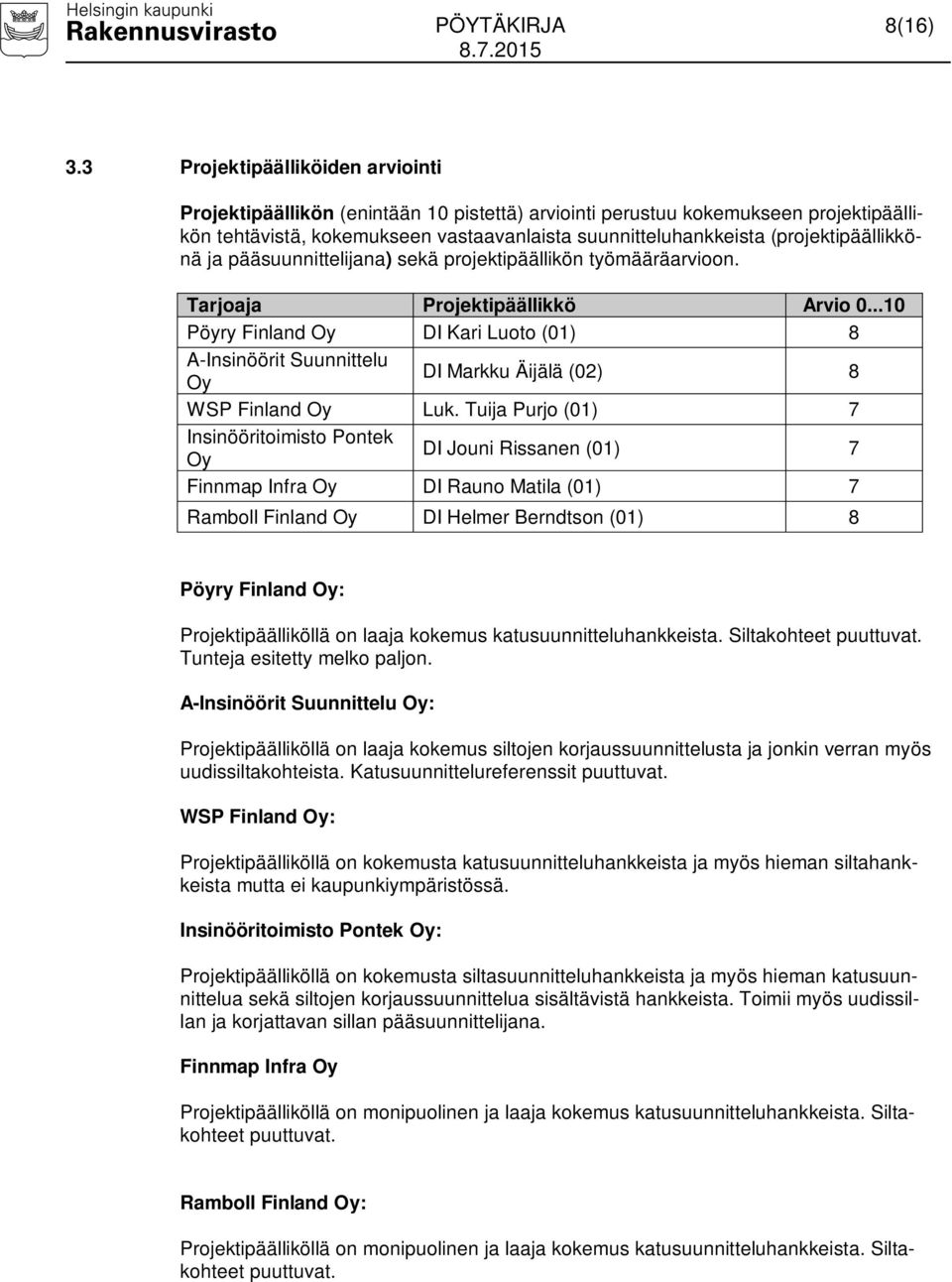 (projektipäällikkönä ja pääsuunnittelijana) sekä projektipäällikön työmääräarvioon. Tarjoaja Projektipäällikkö Arvio 0.