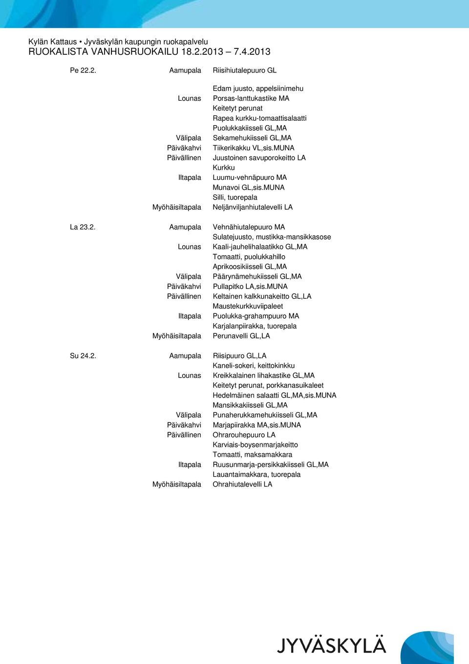 .2. Aamupala Vehnähiutalepuuro MA Sulatejuusto, mustikka-mansikkasose Lounas Kaali-jauhelihalaatikko GL,MA Tomaatti, puolukkahillo Aprikoosikiisseli GL,MA Välipala Päärynämehukiisseli GL,MA