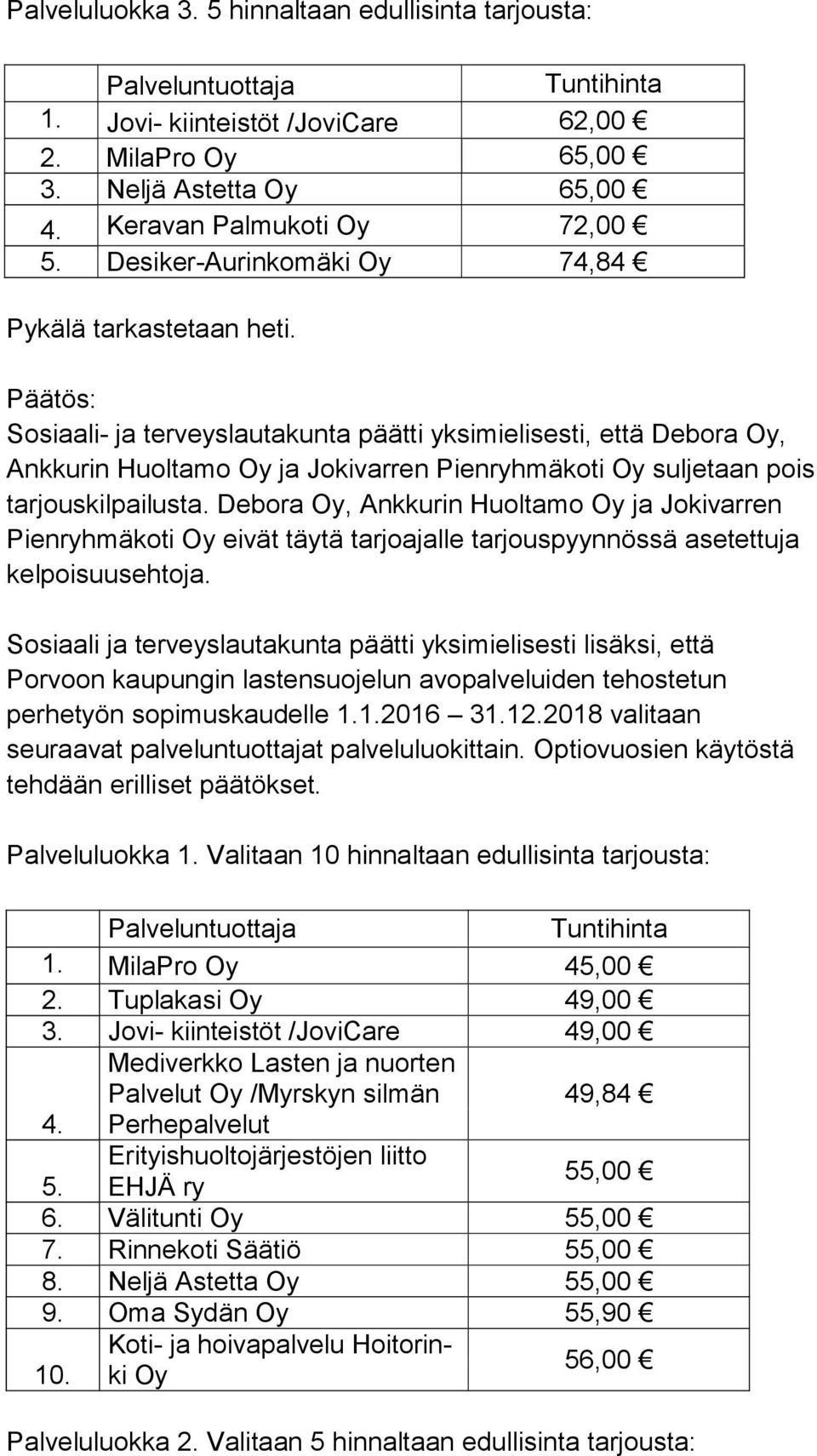 Päätös: Sosiaali- ja terveyslautakunta päätti yksimielisesti, että Debora Oy, Ankkurin Huol ta mo Oy ja Jokivarren Pienryhmäkoti Oy suljetaan pois tar jous kil pai lus ta.