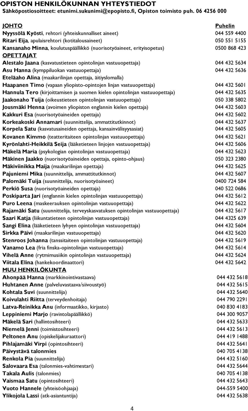 (nuorisotyöaineet, erityisopetus) 0500 868 423 OPETTAJAT Alestalo Jaana (kasvatustieteen opintolinjan vastuuopettaja) 044 432 5634 Asu Hanna (kymppiluokan vastuuopettaja) 044 432 5636 Eteläaho Alina