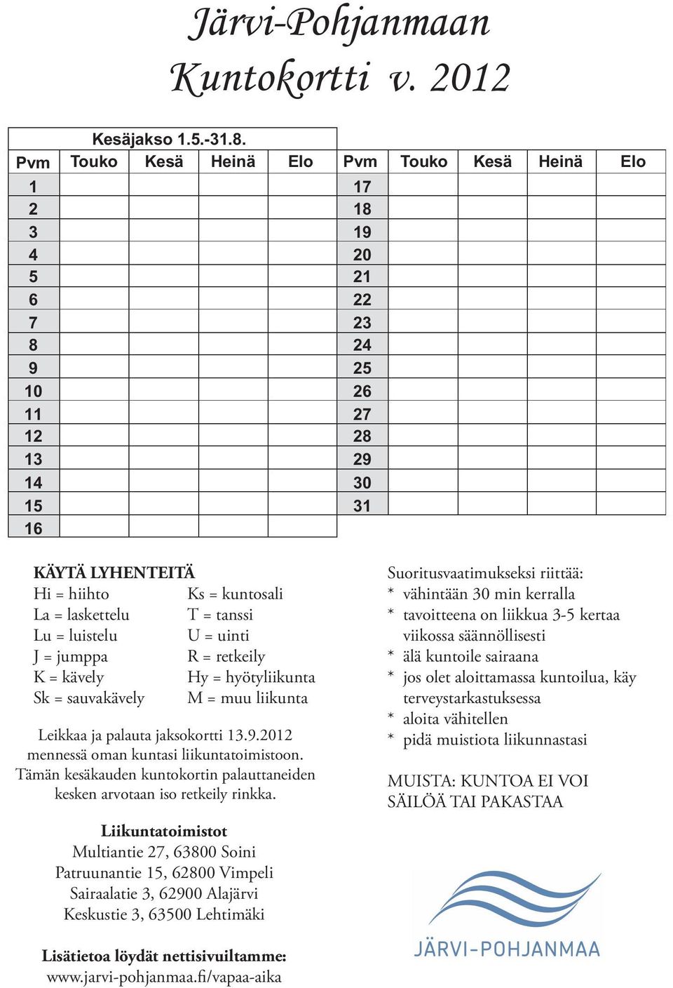 Touko Kesä Heinä Elo Pvm Touko Kesä Heinä Elo 17 18 19 20 21 22 23 24 25 26 27 28 29 30 31 KÄYTÄ LYHENTEITÄ Hi = hiihto Ks = kuntosali La = laskettelu T = tanssi Lu = luistelu U = uinti J = jumppa R