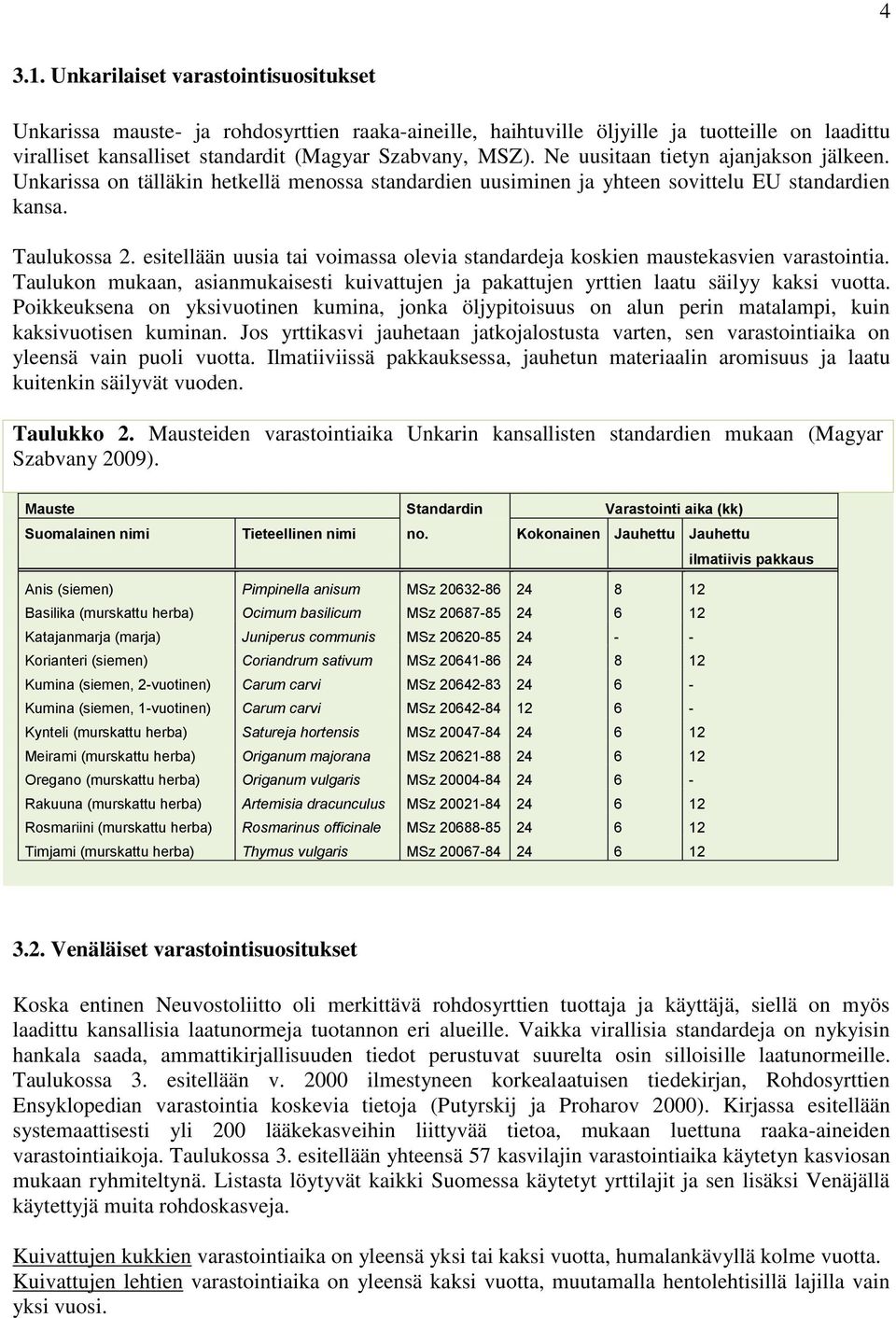 esitellään uusia tai voimassa olevia standardeja koskien maustekasvien varastointia. Taulukon mukaan, asianmukaisesti kuivattujen ja pakattujen yrttien laatu säilyy kaksi vuotta.