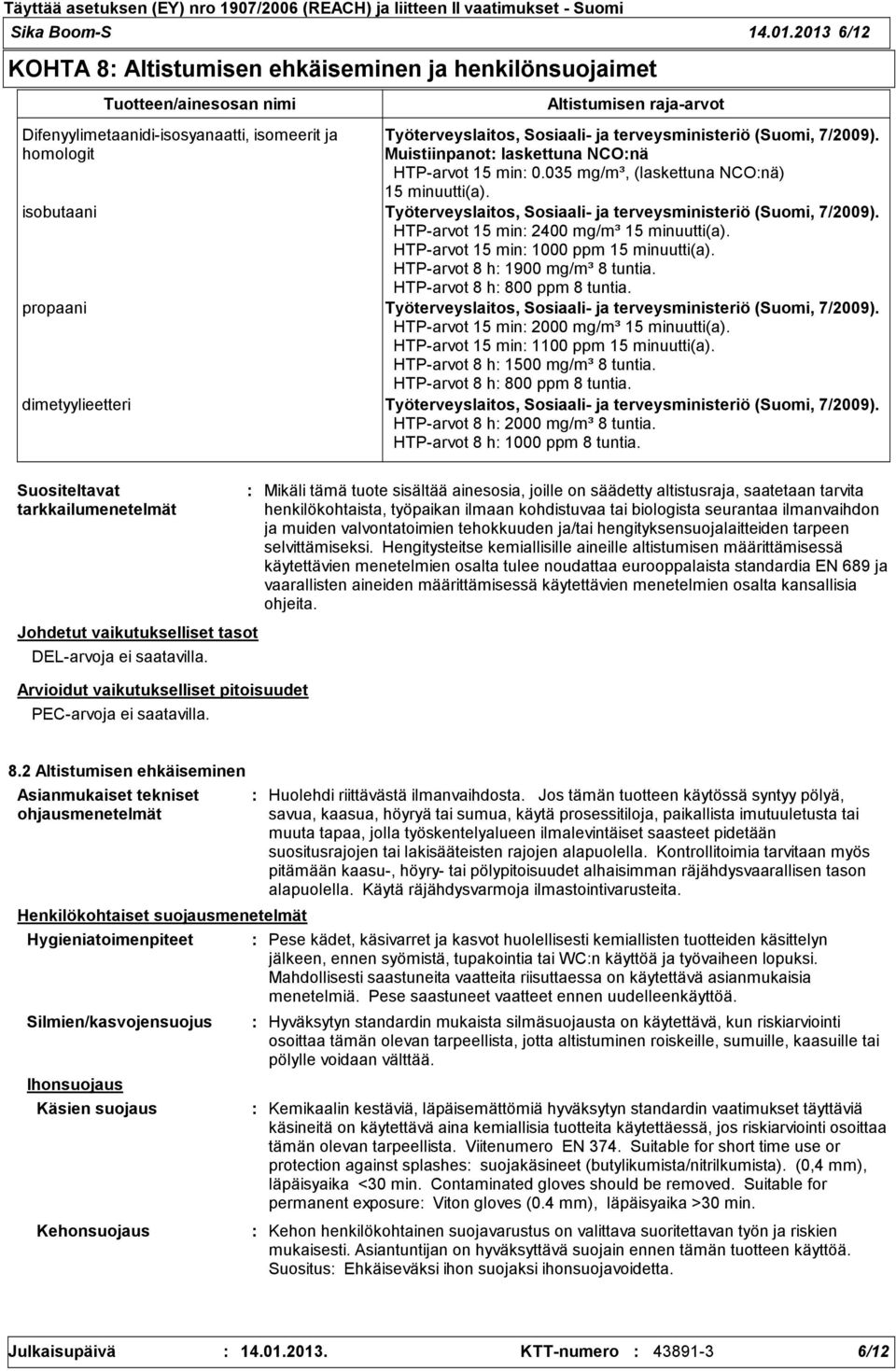 raja-arvot Työterveyslaitos, Sosiaali- ja terveysministeriö (Suomi, 7/2009). Muistiinpanot laskettuna NCOnä HTP-arvot 15 min 0.035 mg/m³, (laskettuna NCOnä) 15 minuutti(a).