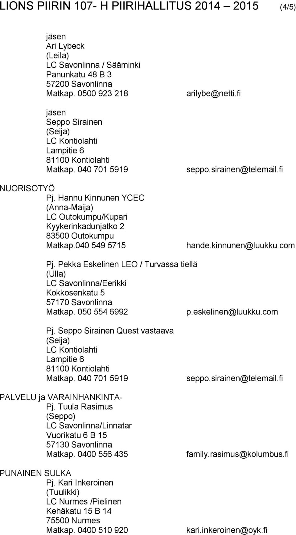 sirainen@telemail.fi hande.kinnunen@luukku.com Pj. Pekka Eskelinen LEO / Turvassa tiellä (Ulla) LC Savonlinna/Eerikki Kokkosenkatu 5 57170 Savonlinna Matkap. 050 554 6992 p.eskelinen@luukku.com Pj. Seppo Sirainen Quest vastaava (Seija) Lampitie 6 Matkap.