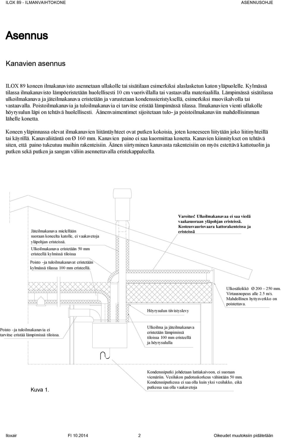 Lämpimässä sisätilassa ulkoilmakanava ja jäteilmakanava eristetään ja varustetaan kondenssieristyksellä, esimerkiksi muovikalvolla tai vastaavalla.