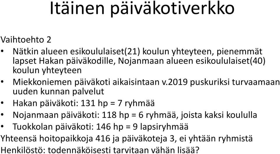 2019 puskuriksi turvaamaan uuden kunnan palvelut Hakan päiväkoti: 131 hp = 7 ryhmää Nojanmaan päiväkoti: 118 hp = 6 ryhmää,