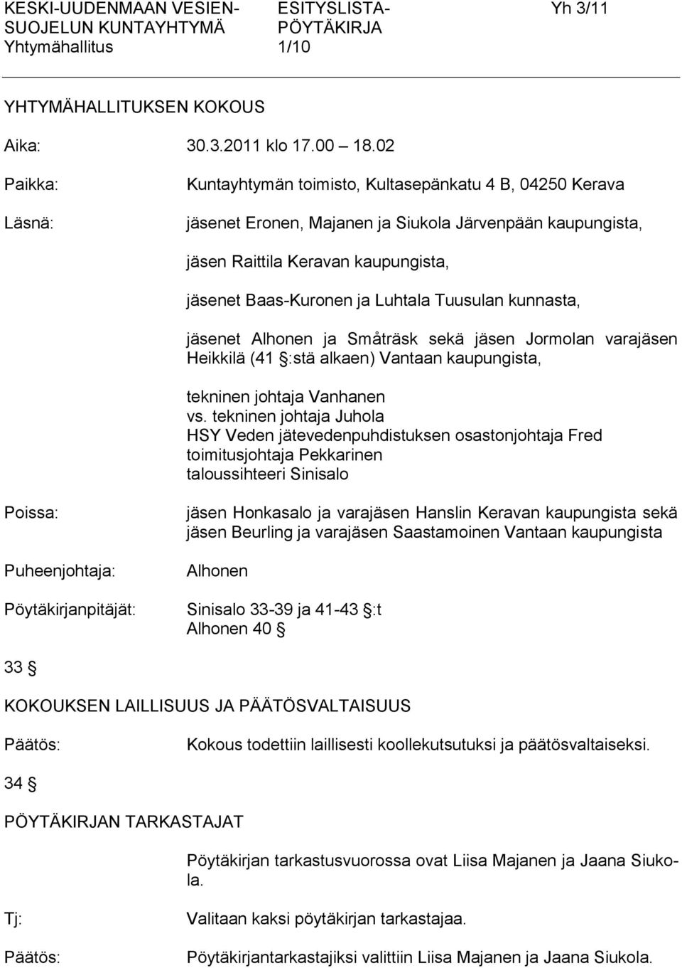 Luhtala Tuusulan kunnasta, jäsenet Alhonen ja Småträsk sekä jäsen Jormolan varajäsen Heikkilä (41 :stä alkaen) Vantaan kaupungista, tekninen johtaja Vanhanen vs.