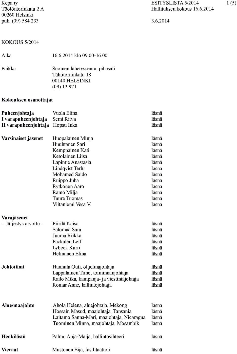 Varsinaiset jäsenet Huopalainen Minja Huuhtanen Sari Kemppainen Kati Ketolainen Liisa Lapintie Anastasia Lindqvist Terhi Mohamed Saido Ruippo Juha Rytkönen Aaro Rämö Milja Tuure Tuomas Viitaniemi