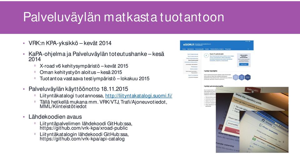 2015 º Liityntäkatalogi tuotannossa, http://liityntakatalogi.suomi.fi/ º Tällä hetkellä mukana mm.