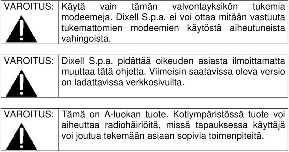 Viimeisin saatavissa oleva versio on ladattavissa verkkosivuilta. VAROITUS: Tämä on A-luokan tuote.