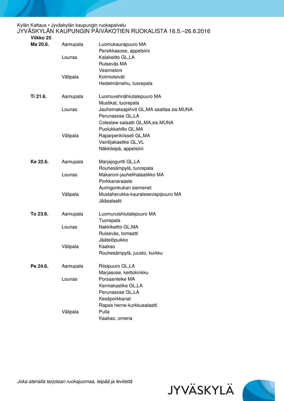 Aamupala Marjajogurtti GL,LA Rouhesämpylä, tuorepala Lounas Makaroni-jauhelihalaatikko MA Auringonkukan siemenet Välipala Mustaherukka-kauralesevispipuuro MA Jääsalaatti To 23.6.