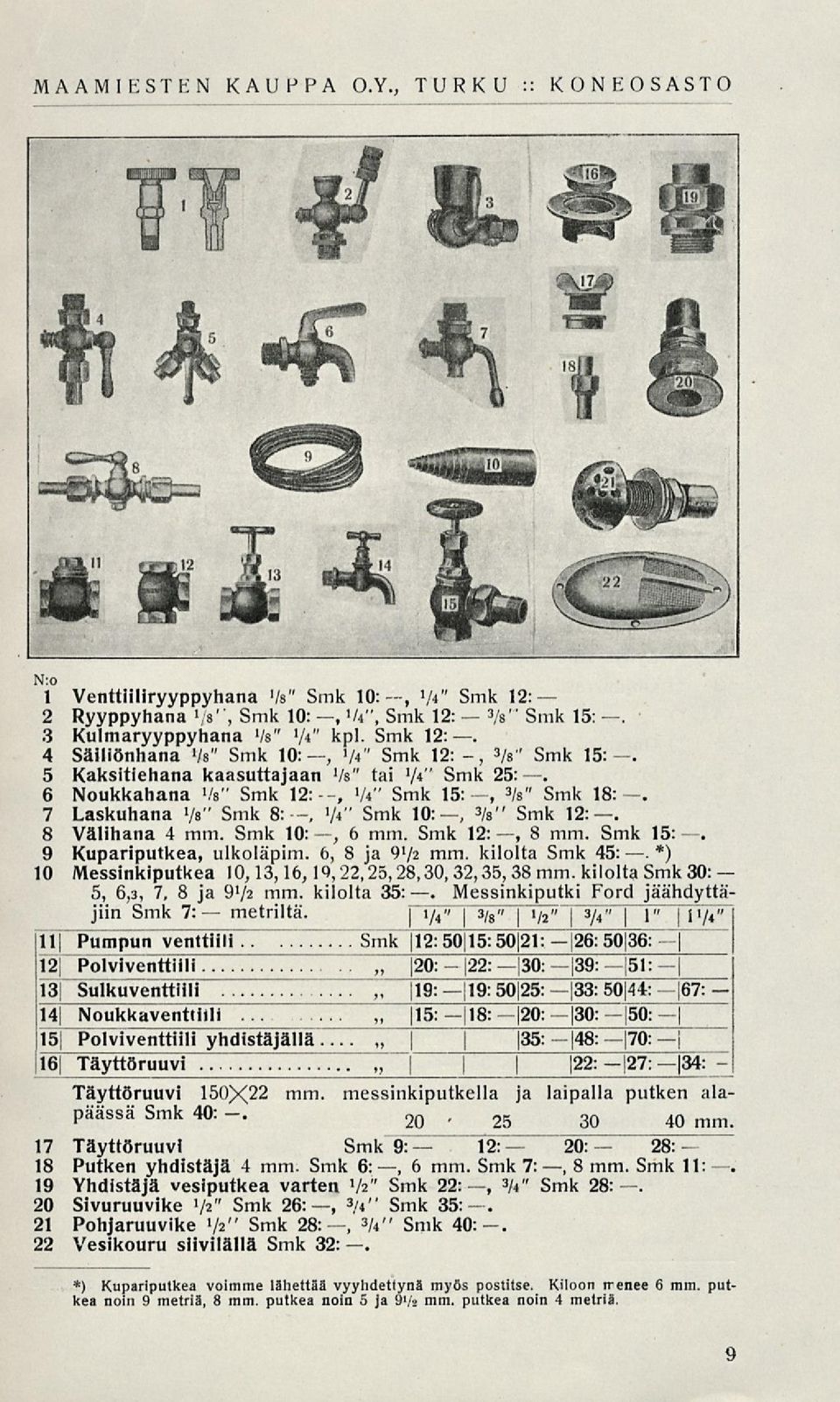 7 Laskuhana Vs" Smk 8:, V*" Smk 10:, 3 /s" Smk 12:. 8 Välihana 4 mm. Smk 10:, 6 mm. Smk 12:, 8 mm. Smk 15:. 9 Kupariputkea, ulkoläpim. 6, 8 ja 9>/2 mm. kilolta Smk 45:.