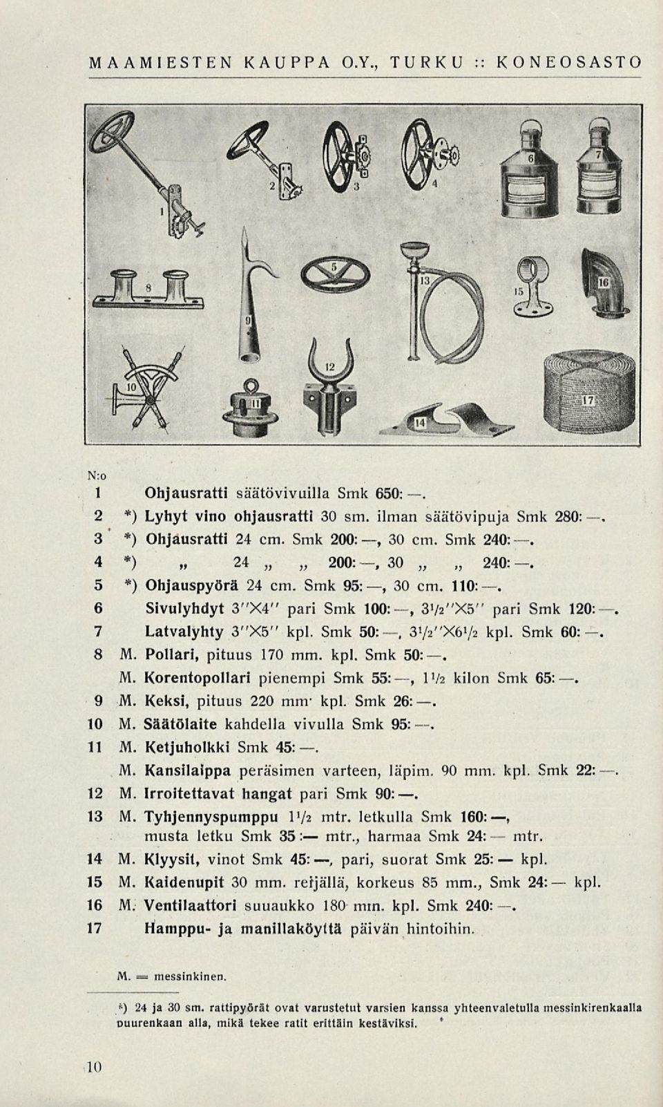 Pollari, pituus 170 mm. kpl. Smk 50:. M. Koreutopollari pienempi Smk 55:, IVa kilon Smk 65 9 M. Keksi, pituus 220 mm kpl. Smk 26:. 10 M. Säätölaite kahdella vivulla Smk 95: 11 M. Ketjuholkki Smk 45:.