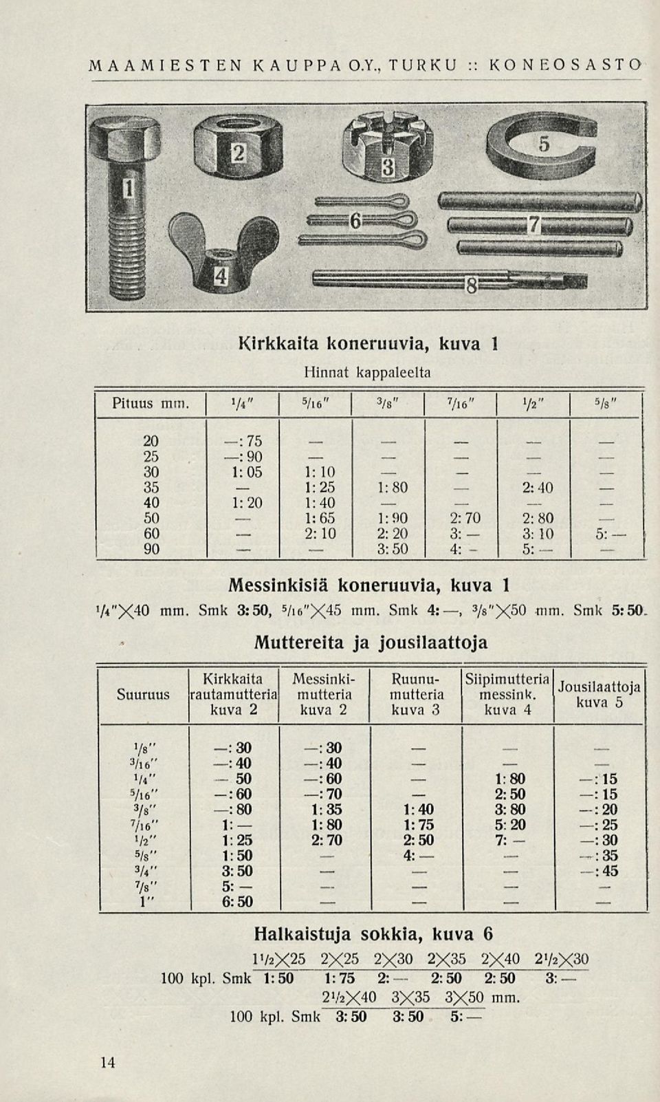 Smk 4:, 3 / 8"X50 Muttereita ja jousilaattoja mm. Smk 5:50.. Suuruus Kirkkaita rautamutteria kuva 2 Messinkimutteria kuva 2 Ruunumutteria kuva 3 Siipimutteria messink.