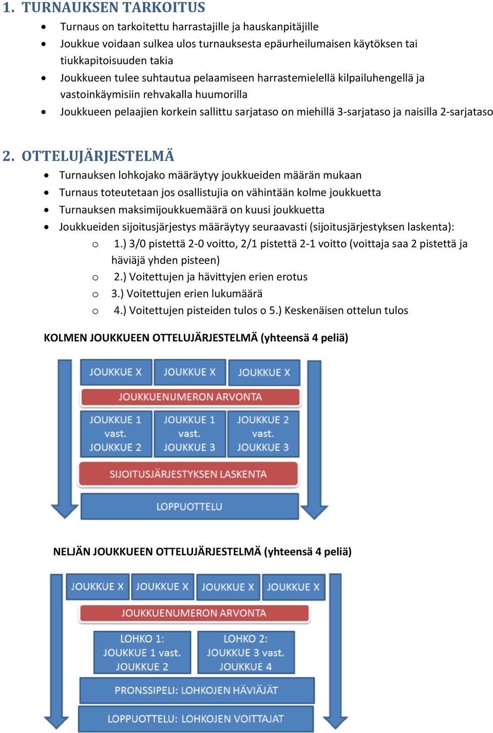 OTTELUJÄRJESTELMÄ Turnauksen lohkojako määräytyy joukkueiden määrän mukaan Turnaus toteutetaan jos osallistujia on vähintään kolme joukkuetta Turnauksen maksimijoukkuemäärä on kuusi joukkuetta