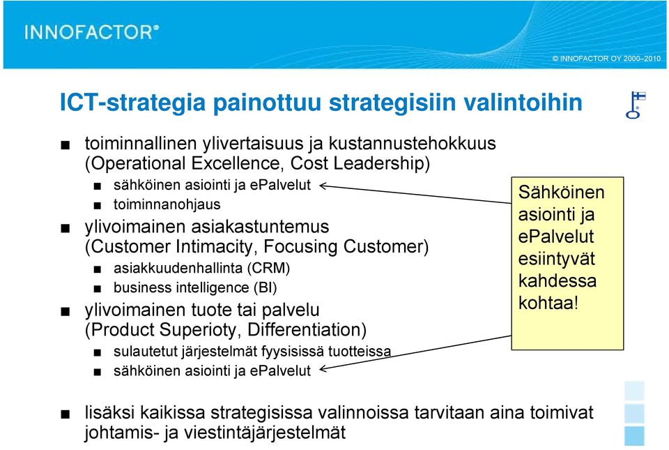 intelligence (BI) ylivoimainen tuote tai palvelu (Product Superioty, Differentiation) sulautetut järjestelmät fyysisissä tuotteissa sähköinen asiointi ja