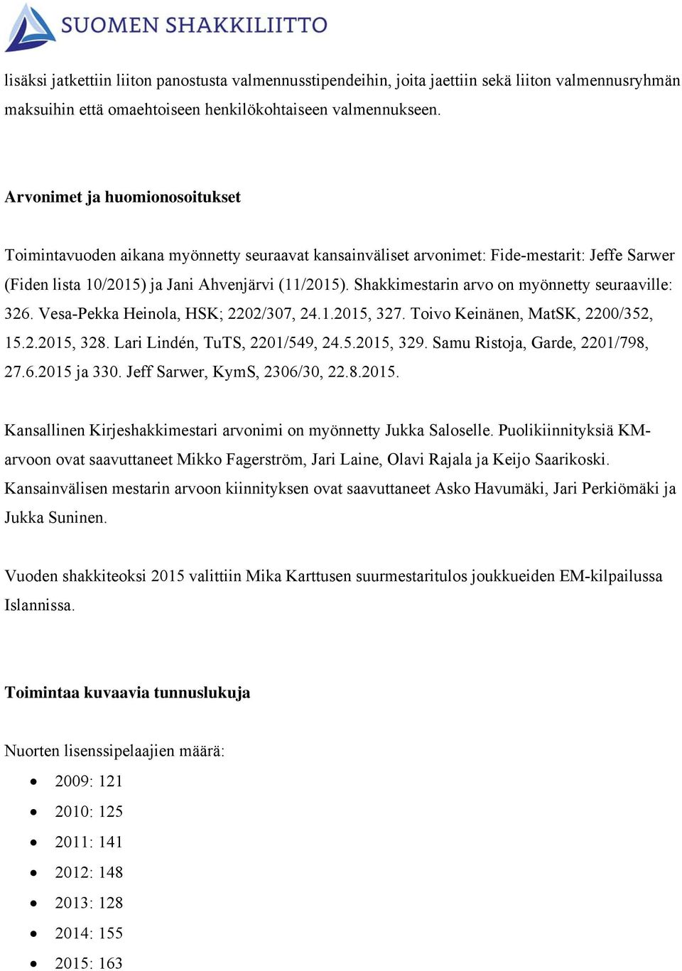 Shakkimestarin arvo on myönnetty seuraaville: 326. Vesa-Pekka Heinola, HSK; 2202/307, 24.1.2015, 327. Toivo Keinänen, MatSK, 2200/352, 15.2.2015, 328. Lari Lindén, TuTS, 2201/549, 24.5.2015, 329.