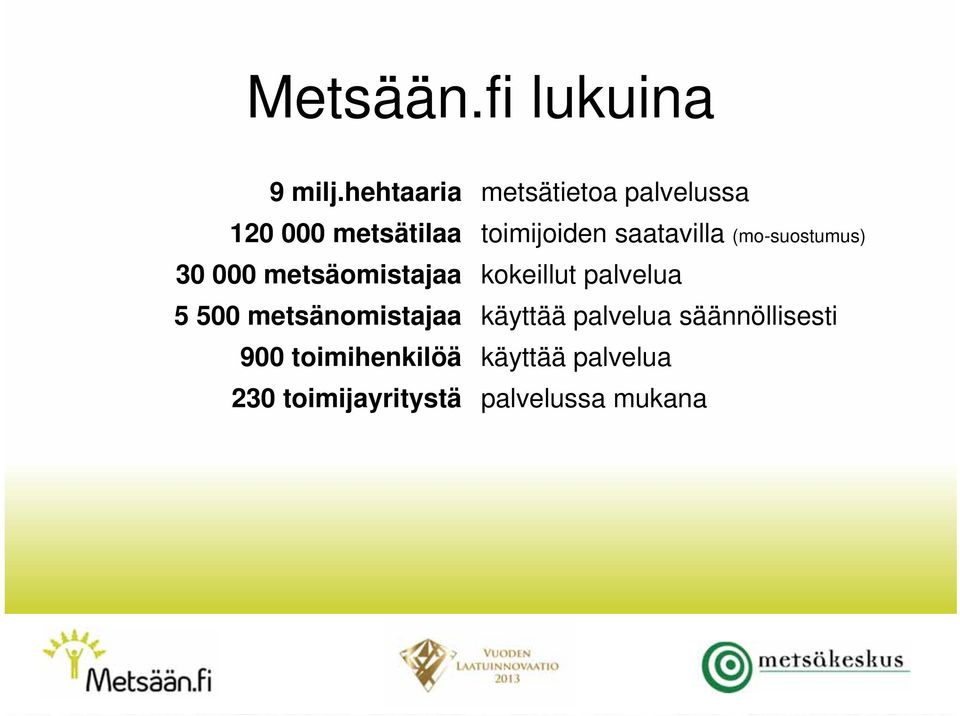 saatavilla (mo-suostumus) 30 000 metsäomistajaa kokeillut palvelua 5