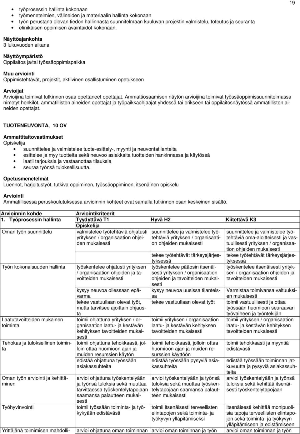 19 Näyttöajankohta 3 lukuvuoden aikana Näyttöympäristö Oppilaitos ja/tai työssäoppimispaikka Muu arviointi Oppimistehtävät, projektit, aktiivinen osallistuminen opetukseen Arvioijat Arvioijina