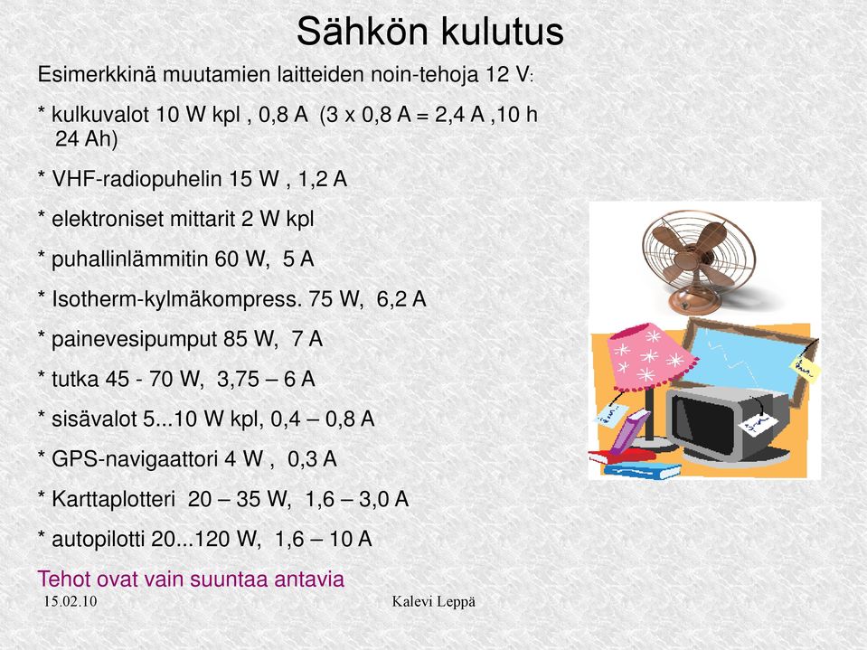 Isotherm-kylmäkompress. 75 W, 6,2 A * painevesipumput 85 W, 7 A * tutka 45-70 W, 3,75 6 A * sisävalot 5.