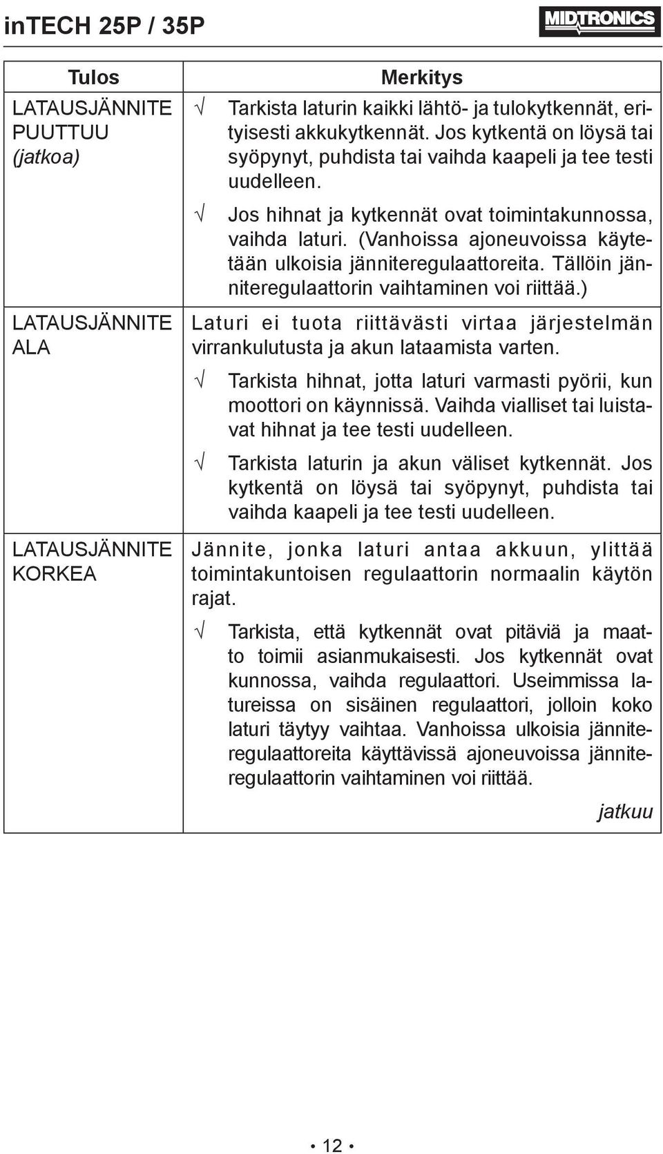 (Vanhoissa ajoneuvoissa käytetään ulkoisia jänniteregulaattoreita. Tällöin jänniteregulaattorin vaihtaminen voi riittää.